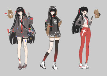 1girl alternate_costume alternate_hairstyle arm_cutout asymmetrical_legwear black_hair black_hoodie cellphone chisa_(wuthering_waves) clothing_cutout commentary_request crop_top dl_(dl_6ix) food food_in_mouth grey_background grey_jacket hairband hand_on_own_hip hand_up highres holding holding_paint_roller holding_phone hood hood_up hoodie jacket korean_commentary long_hair looking_at_viewer namipon_(wuthering_waves) necktie paint_roller pants phone pocky pocky_in_mouth ponytail red_eyes red_necktie red_pants reference_sheet shirt simple_background smartphone tacet_mark_(wuthering_waves) thigh_strap uneven_legwear very_long_hair white_hairband white_shirt wuthering_waves