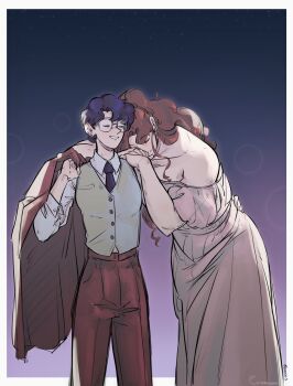 1girl bishoujo_senshi_sailor_moon blue_hair blue_necktie breasts brown_hair brown_pants brown_suit closed_eyes collarbone collared_shirt dress dress_shirt earrings formal_clothes glasses grey_dress grey_vest hair_bobbles hair_ornament head_on_another&#039;s_shoulder highres jacket jewelry kino_makoto long_hair mercuri0ff mizuno_ami muscular muscular_female necktie pants parted_bangs ponytail shirt short_hair small_breasts solo suit tomboy unworn_jacket vest white_shirt