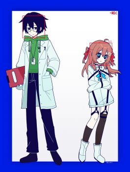 Rule 34 | 1boy, 1girl, ?, ??, absurdres, ahoge, alternate costume, asymmetrical legwear, bags under eyes, black-framed eyewear, black hair, black pants, black shoes, black socks, blue border, blue eyes, blue ribbon, boots, border, bound, bound arms, bound torso, brown hair, chest harness, clipboard, closed mouth, coat, commentary, contrapposto, dress, english commentary, full body, glasses, green hoodie, hair between eyes, hair ornament, hair ribbon, hand in pocket, harness, heart, heart hair ornament, highres, holding, holding clipboard, hood, hoodie, id card, lab coat, lanyard, lingyou, long hair, long sleeves, looking at viewer, neck ribbon, neuro-sama, no nose, o-ring, o-ring harness, o-ring thigh strap, object in pocket, pants, pen in pocket, pocket, recording, rectangular eyewear, red ribbon, ribbon, sailor collar, shoes, short dress, short hair, signature, smile, socks, standing, thigh strap, turtleneck, two side up, uneven legwear, vedal987, vedal ai, viewfinder, white background, white boots, white coat, white dress, white sailor collar