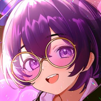 1boy :d black_jacket blumer chromatic_aberration commission hair_between_eyes hat highres jacket java820 light_blush looking_at_viewer mini_hat mini_top_hat open_mouth original portrait purple-tinted_eyewear purple_eyes purple_hair round_eyewear sharp_teeth shirt smile teeth tinted_eyewear top_hat turtleneck white_shirt