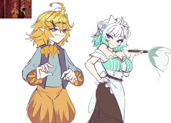 2girls adapted_costume ahoge alternate_breast_size antenna_hair aqua_hair bare_shoulders beauty_and_the_beast_(disney) blonde_hair breasts commentary cosplay dokibird duster feather_duster fifi_(disney) fifi_(disney)_(cosplay) hand_on_own_hip hashtag-only_commentary heterochromia highres indie_virtual_youtuber large_breasts long_sleeves lumiere_(disney) lumiere_(disney)_(cosplay) maid maid_headdress medium_hair mint_fantome multicolored_hair multiple_girls pointy_ears puffy_pants red_eyes reference_inset ricegnat simple_background sketch smile two-tone_hair virtual_youtuber white_background white_hair