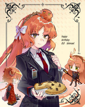 Rule 34 | 3girls, absurdres, ahiruuyew, animalization, armor, belt, black armor, black belt, black jacket, black pants, black vest, bow, brown hairband, character name, chibi, chibi inset, closed mouth, collared shirt, commentary, dated, english commentary, family hierarch candidate (identity) (project moon), food, green eyes, hair bow, hairband, happy birthday, highres, ishmael (project moon), jacket, lapels, limbus company, long hair, multiple girls, multiple persona, necktie, notched lapels, octopus, orange hair, pants, pie, project moon, r corp. (identity) (project moon), red necktie, rope, shirt, sidelocks, smile, stargazy pie, upper body, very long hair, vest, white bow, white shirt, wing collar