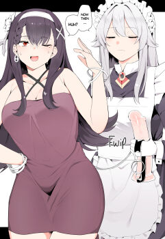 2girls apron bare_shoulders black_dress blush breasts cleavage dildo dress earrings english_text frilled_apron frills grey_hair hairband highres jewelry kassai_kassai long_hair maid maid_apron maid_headdress multiple_girls nervous_sweating original partially_shaded_face red_eyes sex_toy silver_bangle sparkle sweat waist_apron white_apron white_background wrist_cuffs