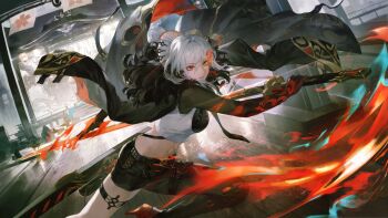 1girl absurdres alpha:_crimson_weave_(pgr) alpha:_crimson_weave_(tsubaki)_(pgr) alpha_(pgr) alternate_costume asymmetrical_legwear breasts chinese_text coat coat_on_shoulders cropped_shirt fighting_stance fire fur-trimmed_coat fur_trim hair_between_eyes heterochromia highres legband looking_at_viewer medium_breasts official_alternate_costume official_art punishing:_gray_raven red_eyes simplified_chinese_text solo stomach_tattoo sword tattoo weapon white_hair yanderenasa yellow_eyes