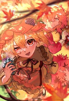 2girls aki_minoriko aki_shizuha apron black_shoes blonde_hair chayo_bababa food from_below grape_hat_ornament hat highres holding holding_food holding_vegetable leaf looking_up maple_leaf multiple_girls open_mouth red_apron red_eyes red_hat shirt shoes short_hair smile sweet_potato touhou tree vegetable yellow_shirt