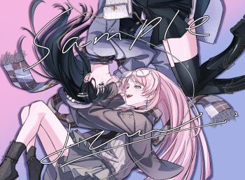 2girls absurdres bang_dream! bang_dream!_it&#039;s_mygo!!!!! beret black_boots black_hair black_skirt black_thighhighs black_vest blush boots chihaya_anon chinese_commentary commentary_request commission ear_piercing earrings eyewear_on_head fang grey_eyes grey_hat grey_jacket grey_scarf grey_skirt hair_ornament hairclip hat hero45439083942 highres jacket jewelry linked_piercing long_hair mole mole_under_eye multiple_girls open_mouth piercing pink_hair purple_eyes sample_watermark scarf shiina_taki skirt teeth thighhighs upper_teeth_only vest watermark white_bag yuri