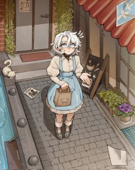 alohapz artist_name black_shoes brick_floor cafe cat chalkboard closed_mouth door dress flat_chest flower flower_pot from_above full_body grey_eyes highres leaf original outdoors poster_(object) shoes signature standing white_hair