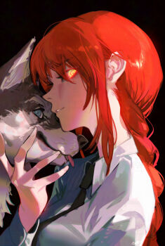 1girl black_background black_necktie braid braided_ponytail chainsaw_man commentary dog glowing glowing_eyes highres husky light_smile long_hair looking_at_viewer makima_(chainsaw_man) necktie profile raneblu red_hair ringed_eyes shirt sideways_glance simple_background solo upper_body white_shirt yellow_eyes