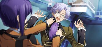 1boy 1girl adjusting_another's_clothes artist_request ascot blue_background blue_eyes blue_hair blurry blurry_foreground cecile_croomy code_geass code_geass:_lost_stories formal_clothes frilled_jacket frilled_sleeves frills game_cg glasses green_jacket hair_intakes half-closed_eye hands_up hetero highres indoors jacket laboratory lloyd_asplund long_sleeves looking_at_another military_uniform nervous non-web_source official_art open_mouth orange_jacket purple_ascot purple_hair railing semi-rimless_eyewear shirt short_hair sidelocks solo_focus standing sweat uneven_eyes upper_body white_shirt