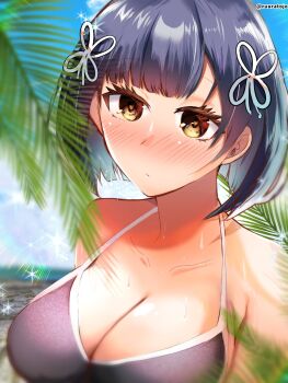 1girl bikini black_hair breasts cleavage collarbone hair_ornament large_breasts machida_reina medium_hair nue_no_onmyouji ruuratojo solo sweat swimsuit
