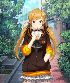 1girl alley black_bow black_bowtie black_flower black_ribbon blue_sky blush bow bowtie brick_road brown_jacket bubble_tea building bush city cloud cowboy_shot cup disposable_cup dot_nose drinking drinking_straw drinking_straw_in_mouth flower game_cg gradient_sleeves grey_skirt hair_flower hair_ornament hair_ribbon hand_in_pocket heijou_institute_school_uniform holding holding_cup hood hooded_jacket jacket kamo_chinami layered_skirt looking_at_viewer official_art orange_hair orange_sleeves partially_unzipped pink_flower purple_eyes railing ribbon school_uniform sidelocks skirt sky skyscraper solo straight-on third-party_source toji_no_miko toji_no_miko:_kizamishi_issen_no_tomoshibi tree white_skirt yellow_sleeves