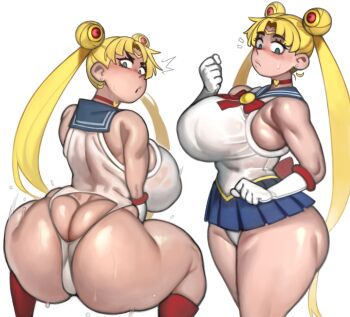 1girl absurdres ass ass_focus ass_shake bishoujo_senshi_sailor_moon blonde_hair blue_eyes blue_skirt blush breasts butt_crack choker cutout_clothes earrings gloves hair_bun hair_ornament highres huge_ass huge_breasts jewelry kelvin_hiu long_hair looking_back miniskirt motion_lines panties sailor_moon sailor_senshi_uniform see-through_clothes skindentation skirt sweat sweatdrop thick_thighs thighs tsukino_usagi twintails underwear wet white_gloves white_panties