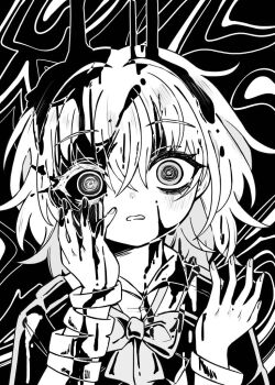 1girl @_@ black_background blush bow bowtie bracelet close-up collared_shirt crossed_bangs dress_shirt dripping eyelashes greyscale hair_between_eyes hand_on_own_cheek hand_on_own_face hands_up high_contrast jewelry liquid looking_at_viewer melonbread monochrome nose_blush original parted_lips portrait raised_eyebrows scared school_uniform shirt short_hair solo splatter squiggle_eyes surprised sweater v-neck wet wet_hair wide-eyed