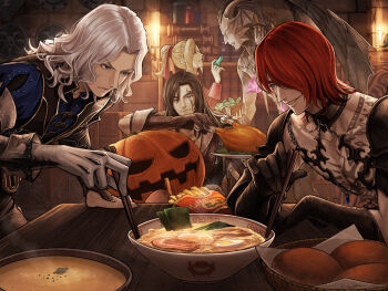 Rule 34 | 1girl, 3boys, black gloves, blonde hair, blue eyes, book, brown hair, candle, castlevania: curse of darkness, castlevania (series), chicken (food), chopsticks, crystal, demon, extra eyes, food, french fries, gloves, hair tie, hector (castlevania), horns, innocent devil, isaac (castlevania), julia laforeze, multiple boys, noodles, pumpkin, ramen, red hair, scar, soup, stare down, tenyo0819, trevor c. belmont, white gloves, white hair