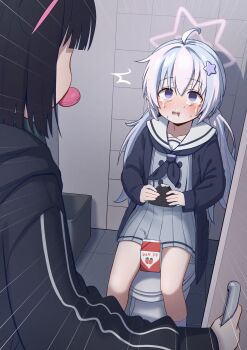 2girls absurdres ahoge black_hair black_jacket blue_archive blue_hair crying crying_with_eyes_open food golmonggu grey_shirt grey_skirt hair_ornament halo highres holding holding_food indoors jacket kazusa_(blue_archive) long_hair long_sleeves looking_at_another macaron mouth_hold multiple_girls onigiri open_clothes open_jacket open_mouth pleated_skirt purple_eyes reisa_(blue_archive) sailor_collar shirt sitting skirt star_(symbol) star_hair_ornament tears toilet