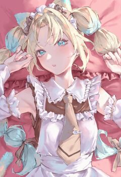 1girl animal_ears apron bare_shoulders blonde_hair blue_hair bow brown_bow brown_dress brown_necktie brown_ribbon cat_ears collared_dress commentary_request contrast_collar curtained_hair dress frilled_apron frills from_above gradient_hair hair_bow hair_intakes hair_ribbon highres link!_like!_love_live! looking_at_viewer love_live! lying maid maid_apron maid_headdress multi-tied_hair multicolored_hair necktie nyan_nyan_nyan_fair_in_gamers on_back osawa_rurino parted_bangs ribbon saidamoosu short_dress solo tie_clip twintails upper_body virtual_youtuber white_apron