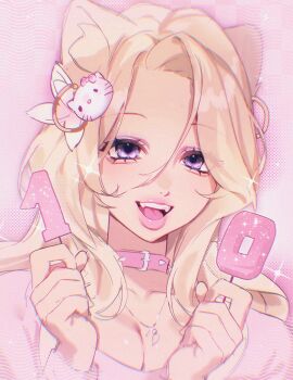 1girl aegyo_sal animal_earrings animal_ears b_(letter) belt_collar betty_(noisykoala) blonde_hair breasts cat_ears cat_girl cat_hair_ornament checkered_background chromatic_aberration cleavage collar curtained_hair earrings eyelashes eyeshadow fangs flower forehead gold_earrings gradient_background hair_between_eyes hair_flower hair_ornament halftone happy hello_kitty highres holding hoop_earrings jewelry long_hair looking_at_viewer makeup milestone_celebration necklace noisykoala number_candle open_mouth original parted_bangs pink_background pink_collar pink_eyeshadow pink_flower pink_shirt pink_theme portrait purple_eyes sanrio shirt silver_necklace sketch smile sparkle spiked_collar spikes teeth thick_lips tongue two-tone_flower upper_teeth_only white_flower