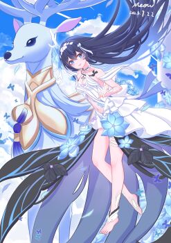 1girl absurdres artist_name barefoot blue_eyes blue_hair blue_sky breasts chinese_commentary clothing_cutout commentary_request dated deer diana_(honkai_impact) dress feet highres honkai_(series) honkai_impact_3rd long_hair looking_at_viewer meow_maolai navel revision seele_vollerei seele_vollerei_(herrscher_of_rebirth) sky small_breasts smile stomach_cutout toes very_long_hair white_dress
