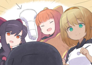 3girls apron armor arrow_(symbol) binaural_microphone black_hair black_shirt blonde_hair bow brown_headband chatan_nakiri_(tenka_hyakken) chiganemaru_(tenka_hyakken) chiyoganemaru_(tenka_hyakken) closed_eyes closed_mouth commentary_request dark-skinned_female dark_skin emphasis_lines frilled_apron frills green_eyes headband holding holding_megaphone itafukasu japanese_armor kappougi long_hair long_sleeves megaphone microphone mimikaki multiple_girls neumann_ku_100 open_mouth orange_eyes orange_hair red_ribbon ribbon shirt short_hair shoulder_armor smile sode tenka_hyakken yellow_bow yellow_shirt