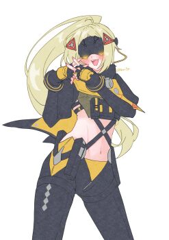 1girl absurdres ammunition_pouch ashimi_fugo black_pants black_shrug blindfold_mask blonde_hair blush camouflage camouflage_jacket camouflage_pants covered_eyes crossed_fingers double_v fingerless_gloves gloves glowing_mask hair_ornament highres jacket latex_pants long_hair mask midriff navel open_mouth pants ponytail pouch shrug_(clothing) solo teeth tight_clothes tight_pants triangle_hair_ornament trigger_(zenless_zone_zero) upper_teeth_only v white_background zenless_zone_zero zipper_pull_tab