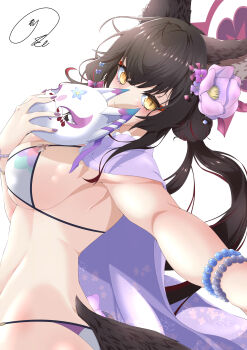 1girl absurdres animal_ear_fluff animal_ears bead_bracelet beads bikini black_hair blue_archive bracelet breasts closed_mouth commentary_request cowboy_shot eyelashes eyeshadow floating_hair flower fox_ears fox_girl fox_mask fox_tail from_side hair_between_eyes hair_flower hair_ornament halo hand_up highres holding holding_mask jewelry large_breasts long_hair looking_at_viewer makeup mask maximum7010 multicolored_hair multiple_bracelets nail_polish official_alternate_costume official_alternate_hairstyle pink_flower purple_flower purple_nails red_eyeshadow red_hair red_halo sideboob sidelocks signature simple_background slit_pupils smile solo streaked_hair swimsuit tail underboob very_long_hair wakamo_(blue_archive) wakamo_(swimsuit)_(blue_archive) white_background white_bikini yellow_eyes