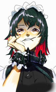 1girl absurdres black_dress black_hair buttons collar colored_inner_hair commentary_request dress ellen_joe frilled_wrist_cuffs frills hand_on_own_cheek hand_on_own_face highres lollipop_in_mouth looking_at_viewer maid maid_headdress metal_collar metal_wrist_cuffs mole mole_under_eye multicolored_hair multiple_hair_clips nail_polish orange_eyes portrait red_hair red_nails sharp_teeth short_hair simple_background solo spiked_collar spikes storyteller777 teeth two-tone_hair white_background wrist_cuffs zenless_zone_zero