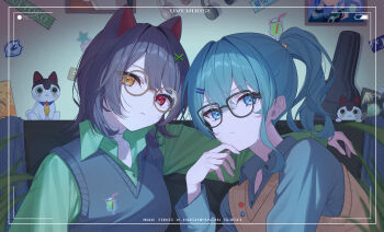2girls absurdres animal_ears banken_(inui_toko) blue_eyes blue_shirt bone brown_hair collared_shirt commentary dog_ears drinking_straw english_commentary expressionless glasses green_shirt guitar_case hair_ornament hairpin headphones heterochromia high_ponytail highres hololive hoshimachi_suisei instrument_case inui_toko jacket long_sleeves looking_at_viewer multiple_girls nijisanji overdose_(natori) picture_frame planet ponytail red_eyes round_eyewear shirt short_hair star_(symbol) suit_jacket sweater_vest virtual_youtuber x_hair_ornament yellow_eyes yuki_hare1130