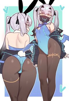 1girl absurdres animal_ears ass back bad_link bare_shoulders black_jacket blue_leotard bow bowtie breasts brown_pantyhose covered_navel cropped_jacket detached_collar dragon_wings ebora fake_animal_ears fake_tail fate/grand_order fate_(series) forked_eyebrows highleg highleg_leotard highres jacket jewelry leotard loli long_hair long_sleeves looking_at_viewer looking_back mask melusine_(fate) mouth_mask multiple_views off_shoulder pantyhose playboy_bunny rabbit_ears rabbit_tail sidelocks small_breasts smile tail thighlet thighs twintails white_hair wings yellow_eyes