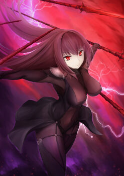 1girl absurdres armor bodysuit breasts commentary_request covered_navel fate/grand_order fate_(series) gae_bolg_(fate) highres large_breasts long_hair looking_at_viewer pauldrons polearm purple_bodysuit purple_hair red_eyes scathach_(fate) scathach_(lancer)_(fate) shoulder_armor solo spear thighs weapon yuniyuni