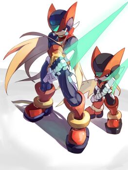2boys blonde_hair closed_mouth commentary_request dual_persona helmet highres holding holding_sword holding_weapon long_hair male_focus mega_man_(series) mega_man_zero_(series) multiple_boys omochi_(mochi_skymega) shadow standing sword weapon white_background zero(z)_(mega_man) zero_(mega_man)