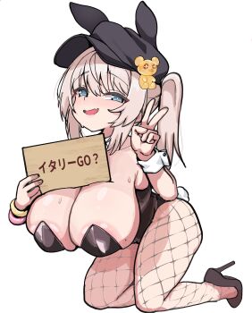1girl absurdres animal_ear_headwear animal_ears areola_slip black_hat black_leotard black_survival blue_eyes breasts commentary eternal_return:_black_survival fake_animal_ears fang fishnet_pantyhose fishnets hand_up hat high_heels highres holding holding_sign huge_breasts leni_(black_survival) leotard looking_at_viewer open_mouth pantyhose peaked_cap playboy_bunny poyo154297 rabbit_ears side_ponytail sign skin_fang smile solo strapless strapless_leotard translation_request v white_background white_hair white_wrist_cuffs wrist_cuffs