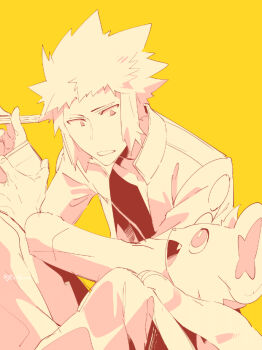 Rule 34 | 1boy, commentary request, fang, gen 4 pokemon, holding, jacket, kokujin youhei, long sleeves, looking down, male focus, monochrome, nintendo, parted lips, pokemon, pokemon (creature), pokemon dppt, shinx, short hair, simple background, volkner (pokemon), yellow background, yellow theme