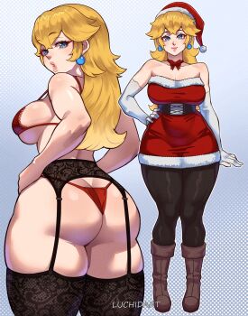 1girl artist_name ass bare_shoulders black_thighhighs blonde_hair blue_eyes boots bra breasts butt_crack christmas closed_mouth collarbone cowboy_shot dress earrings elbow_gloves from_behind full_body garter_belt garter_straps gloves gradient_background hand_on_own_hip hat jewelry large_breasts leggings lips looking_back luchidart mario_(series) multiple_views nintendo panties polka_dot polka_dot_background princess_peach red_bra red_dress red_panties santa_hat short_dress smile standing thighhighs underwear white_gloves