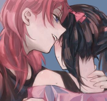 Rule 34 | 2girls, black hair, black shirt, blue background, blush, bow, commentary, hair bow, hand on another's neck, hashtag-only commentary, highres, indoors, love live!, love live! school idol project, medium hair, multiple girls, nishikino maki, off-shoulder shirt, off shoulder, open mouth, pink bow, pink shirt, red hair, shirt, simple background, surfacedxxc, sweat, twintails, yazawa nico, yuri