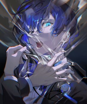 1boy asphyxiation bagging bibi_booom black_coat blue_eyes blue_hair blue_ribbon breathplay cable coat collared_shirt commentary crying glowing glowing_eyes hair_between_eyes hand_on_own_neck hand_up headphones headphones_around_neck highres looking_at_viewer male_focus neck_ribbon open_clothes open_coat open_mouth persona persona_3 persona_3_reload plastic_wrap ribbon shirt solo straight-on tears teeth tongue tongue_out upper_body upper_teeth_only white_shirt yuuki_makoto_(persona_3)
