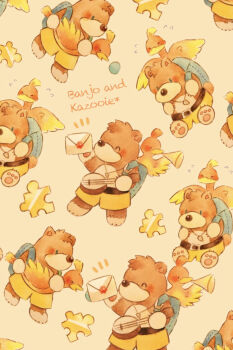 1boy backpack bag banjo banjo-kazooie banjo_(banjo-kazooie) bear closed_eyes commentary_request envelope furry furry_male holding holding_envelope instrument kazooie_(banjo-kazooie) male_focus multiple_views nintendo pawpads puzzle_piece shorts super_smash_bros. yellow_shorts yukichi_0611