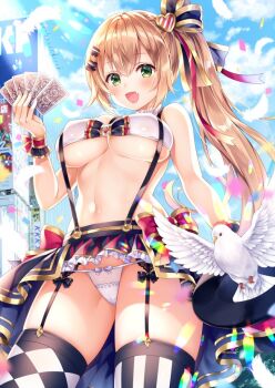 Rule 34 | 1girl, argyle clothes, argyle thighhighs, bikini, bikini top only, bird, blonde hair, blue sky, blush, breasts, building, cameltoe, card, choker, cloud, covered erect nipples, cowboy shot, day, dove, fang, feathers, female focus, frilled choker, frilled skirt, frills, garter belt, garter straps, green eyes, groin, hair between eyes, hat, holding, holding card, holding unworn clothes, holding unworn hat, large breasts, light particles, long hair, looking at viewer, lowleg, lowleg panties, magician, miniskirt, mitsuba choco, navel, open mouth, original, outdoors, panties, ribbon, ribbon-trimmed underwear, ribbon trim, side ponytail, sidelocks, skin fang, skindentation, skirt, sky, smile, solo, standing, stomach, striped clothes, striped thighhighs, suspenders, swimsuit, thighhighs, thighs, top hat, underboob, underwear, unworn hat, unworn headwear, very long hair, white panties, wrist ribbon