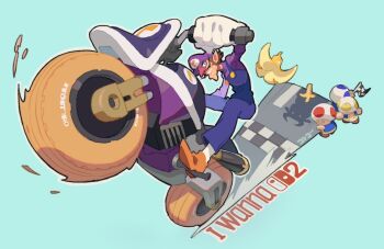 Rule 34 | 4boys, banana peel, blue background, capelet, cotogochan, facial hair, gloves, goatee, highres, mario (series), mario kart, mario kart world, motor vehicle, motorcycle, multiple boys, mushroom, nintendo, pointy boots, purple capelet, socks, teeth, waluigi, white gloves, white socks