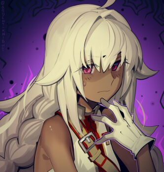 1girl ahoge bare_shoulders boa_(brianoa) braid breasts dark-skinned_female dark_skin fate/grand_order fate_(series) gloves lakshmibai_(fate) lakshmibai_(first_ascension)_(fate) long_hair looking_at_viewer medium_breasts red_eyes shaded_face shirt sidelocks sleeveless sleeveless_shirt solo twin_braids white_gloves white_hair white_shirt