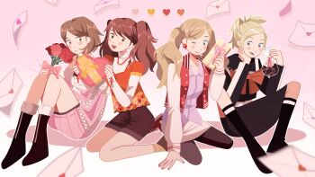 Rule 34 | 4girls, bare shoulders, black sailor collar, black skirt, black socks, blonde hair, blush, blush stickers, boots, bow, bowtie, box, brown eyes, brown hair, brown shorts, candy, chocolate, chocolate heart, choker, closed mouth, commentary, cross-laced clothes, cross-laced sleeves, cross-laced sweater, earrings, english commentary, flipped hair, floral print, flower, food, full body, fur-trimmed sweater, fur trim, gift, heart, heart-shaped box, heart-shaped food, highres, holding, holding box, holding gift, in-franchise crossover, jacket, jewelry, knees up, kujikawa rise, letter, lisa silverman, long hair, long sleeves, looking at viewer, love letter, multiple girls, necklace, off-shoulder sweater, off shoulder, official alternate costume, one eye closed, open clothes, open jacket, open mouth, orange shirt, pearl earrings, persona, persona 2, persona 3, persona 4, persona 5, pink background, pink sweater, print shirt, red bow, red bowtie, red flower, red rose, ribbed sweater, rose, sailor collar, school uniform, seven sisters high school uniform, shirt, short hair, shorts, sitting, skirt, smile, socks, sodapeche, sparkle, stud earrings, sweater, takamaki anne, takeba yukari, tarot, the lovers (tarot), trait connection, twintails, valentine, white choker