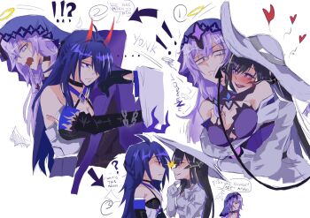 ! !! !? 3girls acheron_(honkai:_star_rail) ahoge black_hair black_swan_(honkai:_star_rail) breasts carrying_over_shoulder choker cleavage demon_horns demon_tail detached_sleeves dress english_text gloves hashtag-only_commentary hat highres honkai:_star_rail honkai_(series) horns hug hug_from_behind jealous large_breasts multicolored_hair multiple_girls purple_hair red_horns single_detached_sleeve streaked_hair sun_hat tail the_dahlia_(honkai:_star_rail) veil viroshi yuri