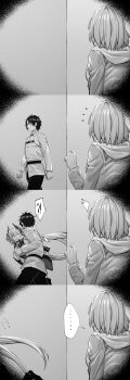 1boy 2girls absurdres breasts comic cuckquean demon_girl demon_horns fate/grand_order fate_(series) fujimaru_ritsuka_(male) greyscale highres horns hxd large_breasts lilith_(fate) lilith_(second_ascension)_(fate) long_hair mash_kyrielight monochrome multiple_girls open_mouth silent_comic smile twintails