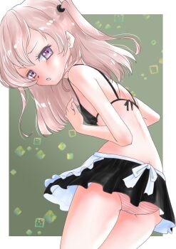 1girl apron ass back bikini black_bikini black_skirt blush border breasts cowboy_shot embarrassed eyelashes female_focus flat_ass from_behind green_background hands_up inui_sajuna leaning_forward loli long_hair looking_at_viewer looking_back maid miniskirt multicolored_bikini one_side_up parted_lips pink_bikini pink_hair purple_eyes rurito0725 shy simple_background skirt small_breasts solo sono_bisque_doll_wa_koi_wo_suru standing striped_bikini striped_clothes swimsuit turtleneck two-tone_bikini unconventional_maid white_apron white_border