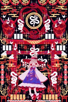 Rule 34 | 1girl, absurdres, bird, blonde hair, boku (isizakitakasi), bright pupils, commentary request, dress, egasumi, geta, hat, highres, long hair, looking at viewer, mask, purple dress, red sandals, red theme, sandals, sleeves past fingers, sleeves past wrists, snake, socks, solo, sparkle, tengu mask, tongue, tongue out, torii, touhou, white pupils, white socks, wide brim, wide sleeves, yellow eyes