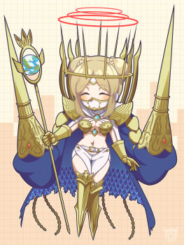 Rule 34 | 1girl, ^ ^, armor, armored boots, belt, blonde hair, blue coat, blue gemstone, boobplate, boots, braid, braided bun, breastplate, breasts, chain, chibi, chibi only, cleavage, closed eyes, clothing cutout, coat, coat on shoulders, commentary request, covered mouth, crown, digimon, digimon (creature), double blade, double bun, floating, full body, gauntlets, gem, gold armor, gold chain, gold crown, groin, hair bun, heart, highres, holding, holding staff, hood, hood down, hooded shrug, junomon, kozushi623, large breasts, mask, mouth mask, multiple halos, navel, ninja mask, pants, parted bangs, partial commentary, shoulder armor, shrug (clothing), sidelocks, signature, solo, staff, stomach, thigh cutout, torn clothes, torn coat, variant set, white belt, white mask, white pants, white shrug
