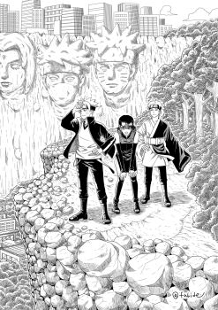 1girl 2boys belt boots boruto:_naruto_next_generations building city cloud commentary_request detached_sleeves facial_mark forehead_mark forehead_protector greyscale hand_on_own_hip hands_on_own_knees hatake_kakashi hatching_(texture) highres knee_boots konohagakure_symbol matsu_(fu6ide2) mitsuki_(naruto) monochrome multiple_boys naruto_(series) open-toe_boots sculpture shorts sleeves_past_fingers sleeves_past_wrists tree tsunade_(naruto) twitter_username uchiha_sarada uzumaki_boruto uzumaki_naruto