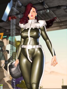 1girl bodysuit breasts brown_eyes earrings hair_over_one_eye helmet holding holding_unworn_helmet jewelry kill_the_king lips long_hair mature_female pilot_suit robot skin_tight solo unworn_headwear unworn_helmet