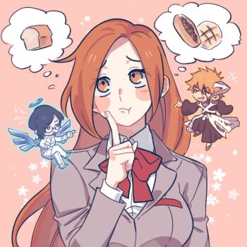 1girl 2boys :t angel_and_devil bleach blush_stickers bread commentary dwbidu food highres inoue_orihime ishida_uryuu karakura_high_school_uniform kurosaki_ichigo long_hair multiple_boys orange_eyes orange_hair school_uniform shoulder_angel shoulder_devil speech_bubble thinking thought_bubble