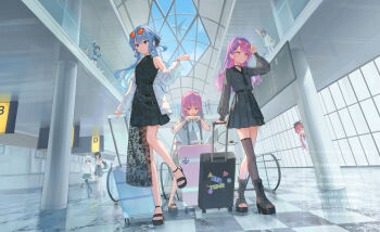 Rule 34 | 6+girls, bare shoulders, belt, black belt, black shirt, blue eyes, blue hair, colored inner hair, commentary, eyewear on head, feet, green eyes, hololive, hoshimachi suisei, inugami korone, jacket, minato aqua, miniskirt, multicolored hair, multiple girls, ookami mio, oozora subaru, overskirt, pink hair, pleated skirt, purple hair, rolling suitcase, sakura miko, see-through clothes, shirakami fubuki, shirt, single thighhigh, skirt, streaked hair, suitcase, thighhighs, toes, tokoyami towa, virtual youtuber, white jacket, xyunx, yuzuki choco