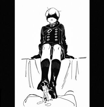 2boys 9s_(nier:automata) after_ejaculation bed blindfold commentary covered_eyes cum cum_on_body cum_on_feet erection footjob gloves gmgshmtcbn high_contrast highres long_sleeves male_focus monochrome multiple_boys nier:automata nier_(series) no_shoes on_bed parted_lips penis pillarboxed pov pov_crotch ribbed_socks short_hair shorts sitting sketch socks two-footed_footjob uncensored yaoi